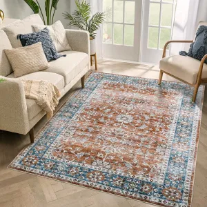 Washable Area Rug 8x10 Large Soft Floral Vintage Design Apricot for Living Room Bedroom