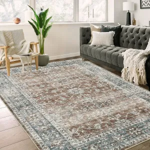 Large Living Room Area Rug - 8x10 Large Bedroom Rug Distressed Non-Slip Non-Shedding Oriental Print Floor Carpet for Dining Room Kitchen Brown, 8 x 10