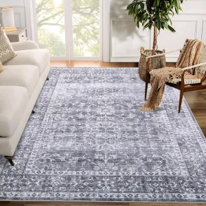 9x12 Area Rugs, Grey Vintage Non-Slip Area Rugs Foldable Machine Washable Rug Ultra-Soft Low Pile Stain Resistant Rug for Bedroom Living Room Bedrooms Playroom Office Kitchen