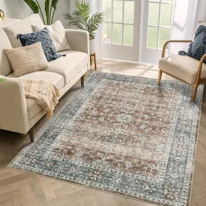 5x7 Washable Vintage Faux Wool Area Rug Non-Slip Brown for Home Decor Entryway Bedroom Living Room Office Kitchen