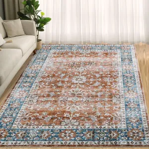 9x12 Area Rugs, Blue/Orange Vintage Non-Slip Area Rugs Foldable Machine Washable Rug Ultra-Soft Low Pile Stain Resistant Rug for Bedroom Living Room Bedrooms Playroom Office Kitchen