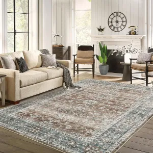 Living Room Area Rug 9x12 Machine Washable Vintage Distressed Print Ultra-Thin Chenille Brown Non Slip