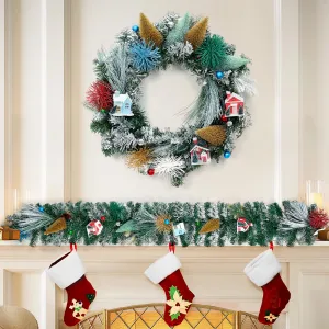 24 Inch Artificial Snow Flocked Christmas Wreath for Front Door, Christmas Door Wreath Decoration with Christmas Tree and House Decorations, Christmas Village Wreath