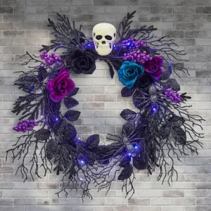 Halloween Skull Wreath for Front Door with Lights, 20 Inch Pre-Lit Black Purple Rose Spider, Gothic Garland Creepy Decor for Home Wall Porch Outdoor Indoor