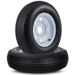 ST205/75D14 Trailer Tires, Set of 2, Load Range C 6PLY, 14" White Spoke Rims, Max Load 1760 LBS, 5 Lug on 4.5", Durable All-Terrain Design for Utility & Boat Trailers