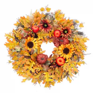 24 Inch Fall Wreath for Front Door, Autumn Artificial Wreath with Pumpkins, Apples, Sunflowers, Berries, Maple Leaves, Front Door Indoor Outdoor Wall Thanksgiving Autumn Fall Decor