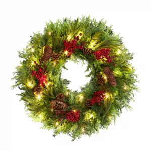 22 Inch Christmas Wreath for Front Door, Artificial Christmas Wreath with Pine Cone and Berries, Natural Cypress Christmas Wreath, Christmas Decorations for Home Holiday Party