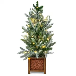 24 Inch Small Christmas Tree with Lights, Prelit Artificial Mini Christmas Tree, Snow Flocked PE Branches, Wooden Pot, Battery Operated, Tabletop Decor for Office and Dorm