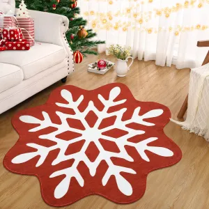 Christmas Snowflake Area Rug 5x5 Non Slip Decorative Washable Rugs for Living Room, Low Pile Red Foldable Soft Carpet, Holiday Decor Floor Mats for Bedroom, Nursery