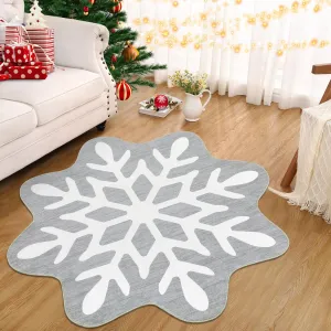 Christmas Snowflake Area Rug 5x5 Non Slip Decorative Washable Rugs for Living Room, Low Pile Grey Foldable Soft Carpet, Holiday Decor Floor Mats for Bedroom, Nursery