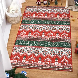 Area Rug Christmas 4x6 Area Rug Non-Slip Christmas Decor Carpet Washable Snowflake Geometric Accent Carpet Xmas Deer Ultra-Soft Floor Cover for Living Room Bedroom, Red&Green