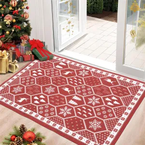 Christmas Rug Door Mat Indoor Entrance 2x3 Washable Rug Snow Non Slip Kitchen Rugs Bath Mat Entryway Rug Stain Resistant Carpet for Living Room Geometric|Red 2'x3'