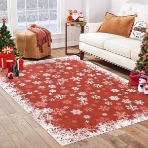 Christmas Rug 3x5 Area Rug Snowflake Decor Non-Slip Low Pile Soft Machine Washable Red for Living Room Dining Room Entryway