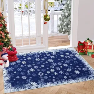 Christmas Area Rug 3x5 Snowflake Print Non-Slip Ultra Thin Stain Resistant Machine Washable Blue Living Room Decor
