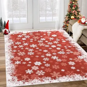 Washable Rug 9x12 Area Rug for Bedroom Modern Red Christmas Rug Snowflake Living Room Rug Non Slip Carpet Soft Stain Resistant Large Area Rug for Holiday Dining Room Classroom