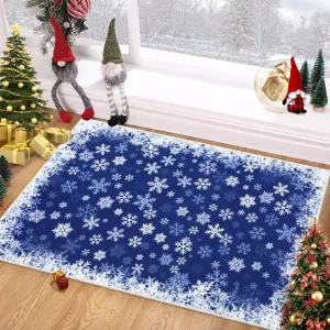 Christmas Area Rug 2x3 Snowflake Print Non-Slip Ultra Thin Stain Resistant Machine Washable Blue Living Room Decor