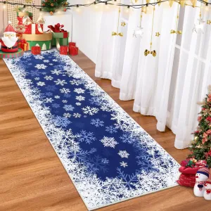 Christmas Area Rug 2x10 Snowflake Print Non-Slip Ultra Thin Stain Resistant Machine Washable Blue Living Room Decor