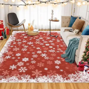 Christmas Rug 10x13 Area Rug Snowflake Decor Non-Slip Low Pile Soft Machine Washable Red for Living Room Dining Room Entryway