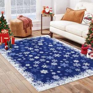 Christmas Area Rug 10x13 Snowflake Print Non-Slip Ultra Thin Stain Resistant Machine Washable Blue Living Room Decor