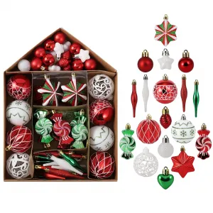 73ct Christmas Ball Ornaments Set, Red Green White Assorted Shatterproof Xmas Ornaments, Decorative Hanging Ornaments Christmas Tree Decorations for Holiday Party Decor Wreath Garland DIY