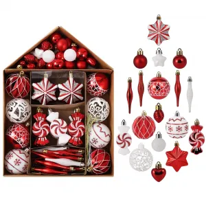 73ct Christmas Ball Ornaments Set, Shatterproof Xmas Tree Decor Ball Ornaments with House Shape Box, Assorted Hanging Ornaments for Christmas Indoor Outdoor Home Party Decor,Red and White