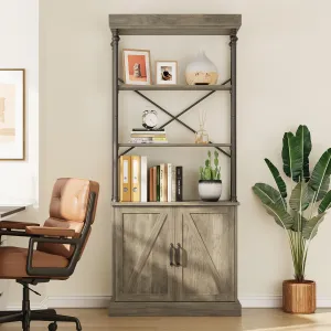 Tall Bookshelf With Doors 73.62 Industrial Storage Open Rack Shelf With Cabinet Wood and Metal Bookcase Farmhouse Bookshelves Large Vintage Display Rack Home Office