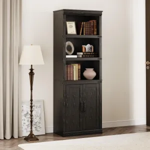 Farmhouse Bookcases and Bookshelves With Doors, 70 Inch Tall Bookshelf, 5 Tier Bookshelf With Storage, Wooden Bookshelves for Living Room, Home, Office, Bedroom (Black)