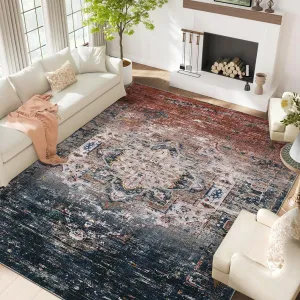 Washable 9x12 Ombre Vintage Distressed Area Rug Soft Fleece Non-Slip TPR Backing Foldable Living Room Bedroom Dining