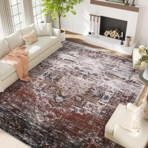 Washable 9x12 Area Rugs, Large Rugs for Living Room Ombre Vintage Distressed Bedroom Rug, Ultra-Thin Soft Non-Slip Area Rug for Dining Room, Rust Multi