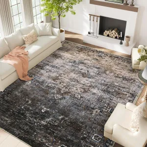 Boho Area Rug 9x12 - Large Washable Living Bedroom Rug Distressed Oriental Non-Slip Non-Shedding Print Floor Carpet for Dining Room Home