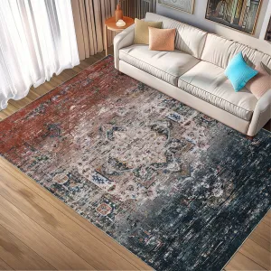 Washable Area Rug 4x6, Vintage Distressed Ombre Rug for Bedroom Living Room, Low Pile Non-Slip Soft Throw Rug for Dining Room Office Playroom, Rust/Navy Multi
