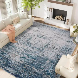 8x10 Area Rugs for Living Room, Machine Washable Non-Slip Ombre Vintage Distressed Accent Rug, Ultra-Thin Soft Large Area Rug for Bedroom Dining Room, Blue/Beige Multi