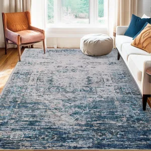 Washable Area Rug 4x6, Vintage Distressed Ombre Rug for Bedroom Living Room, Low Pile Non-Slip Soft Throw Rug for Dining Room Office Playroom, Blue/Beige Multi