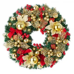 18" Pre-Lit Christmas Wreath for Front Door, Artificial Christmas Wreath with Red Bows for Walls, Windows, Doors, Indoor Christmas Decoration