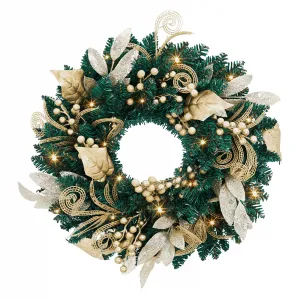 18" Pre-Lit Christmas Wreath for Front Door, Artificial Christmas Wreath with Golden Leaves, Bows for Walls, Windows, Doors, Indoor Christmas Decoration
