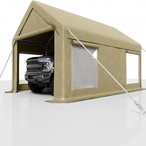 13x20 Ft Carport with 220g PE Tarp, Roll-Up Doors, Galvanized Steel Frame, Sandbags, Windows, for Pickups & SUVs Outdoor Events