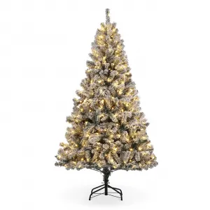 Pre-Lit Artificial Christmas Tree with Warm White Lights, 6FT Tall Lighted Xmas Tree with Foldable Metal Stand, Large Snow Flocked Xmas Tree for Office, Home, Holiday Party, Christmas Decor