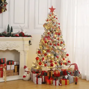 Pre-Lit Artificial Christmas Tree with Warm White Lights, 6FT Tall Lighted Xmas Tree with Foldable Metal Stand, Large Snow Flocked Xmas Tree for Office, Home, Holiday Party, Christmas Decor
