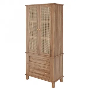 Wood Freestanding Kitchen Pantry with Rattan Doors, Adjustable Shelves and Drawers forKitchen, Walnut