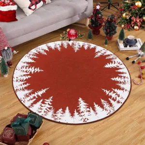 Christmas Circle Rug 3ft Small Round Rug Washable Indoor Throw Floor Cover Xmas Decorative Area Rug Snowflake Boho Rug Non-Slip Xmas Round Carpet Festival Rug for Living Room Bedroom, Red