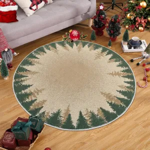 Christmas Circle Rug 3ft Small Round Rug Washable Indoor Throw Floor Cover Xmas Decorative Area Rug Snowflake Boho Rug Non-Slip Xmas Round Carpet Festival Rug for Living Room Bedroom, Green