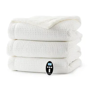 Heated Blanket Throw Queen, Waffle Electric Blanket with Wireless LCD Controller, Machine Washable, Fast Heating, 6 Heating Levels, ETL Certificated, Cozy for Home Use, 84"× 90", White
