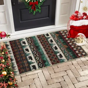Christmas Area Rug 2x3 Entryway Rug Indoor Washable Front Door Mat Non-Slip Throw Floor Covers Rustic Farmhouse Small Area Rug Xmas Decorative Boho Carpet for Living Room Bedroom, Green