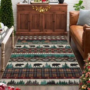 Christmas Bedroom Area Rug 3x5 Christmas Small Rug Washable Rustic Throw Floor Covers Non-Slip Stain Resistant Boho Rug Xmas Decorative Rug Festival Farmhouse Carpet for Living Room Kitchen, Green