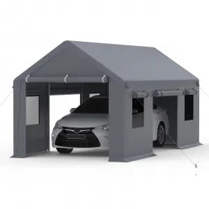 13'x20' Heavy Duty Waterproof Carport with 4 Roll-Up Doors & Windows for Pickup Trucks Boats, Silver Grey