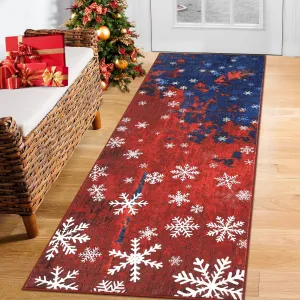 Christmas Runner Rug 2x8 Hallway Rug Snowflake Xmas Runner Kitchen Rug Washable Rug Non Slip Bathroom Rug Holiday Decor Distressed Modern Soft Carpet for Bedroom Laundry 2'x8' Red&Blue