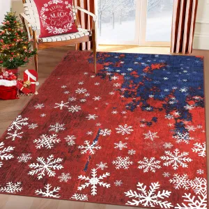 Christmas Area Rug 5x7 Rug for Living Room Rug Xmas Snowflake Modern Rug for Bedroom Aesthetic Washable Rug Non Slip Carpet Stain Resistant Carpet for Nursery Dining Room 5'x7' Red&Blue