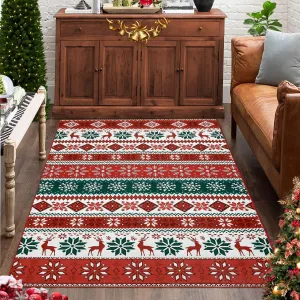 Christmas Area Rug 4x6 Farmhouse Non Slip Stain Resistant Soft Low Pile Red & Green Holiday Decor for Living Room Bedroom Kitchen