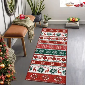 Christmas Area Rug 2x6 Farmhouse Non Slip Stain Resistant Soft Low Pile Red & Green Holiday Decor for Living Room Bedroom Kitchen