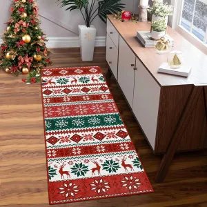 Christmas Area Rug 2x8 Farmhouse Non Slip Stain Resistant Soft Low Pile Red & Green Holiday Decor for Living Room Bedroom Kitchen